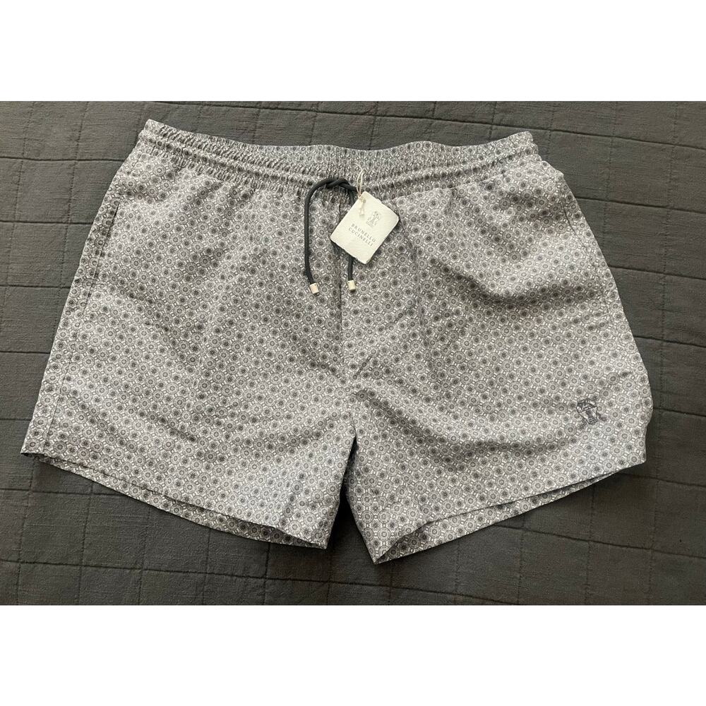 $795 NWT Brunello Cucinelli Gray Geometric Relaxed Silhouette Swim Shorts S